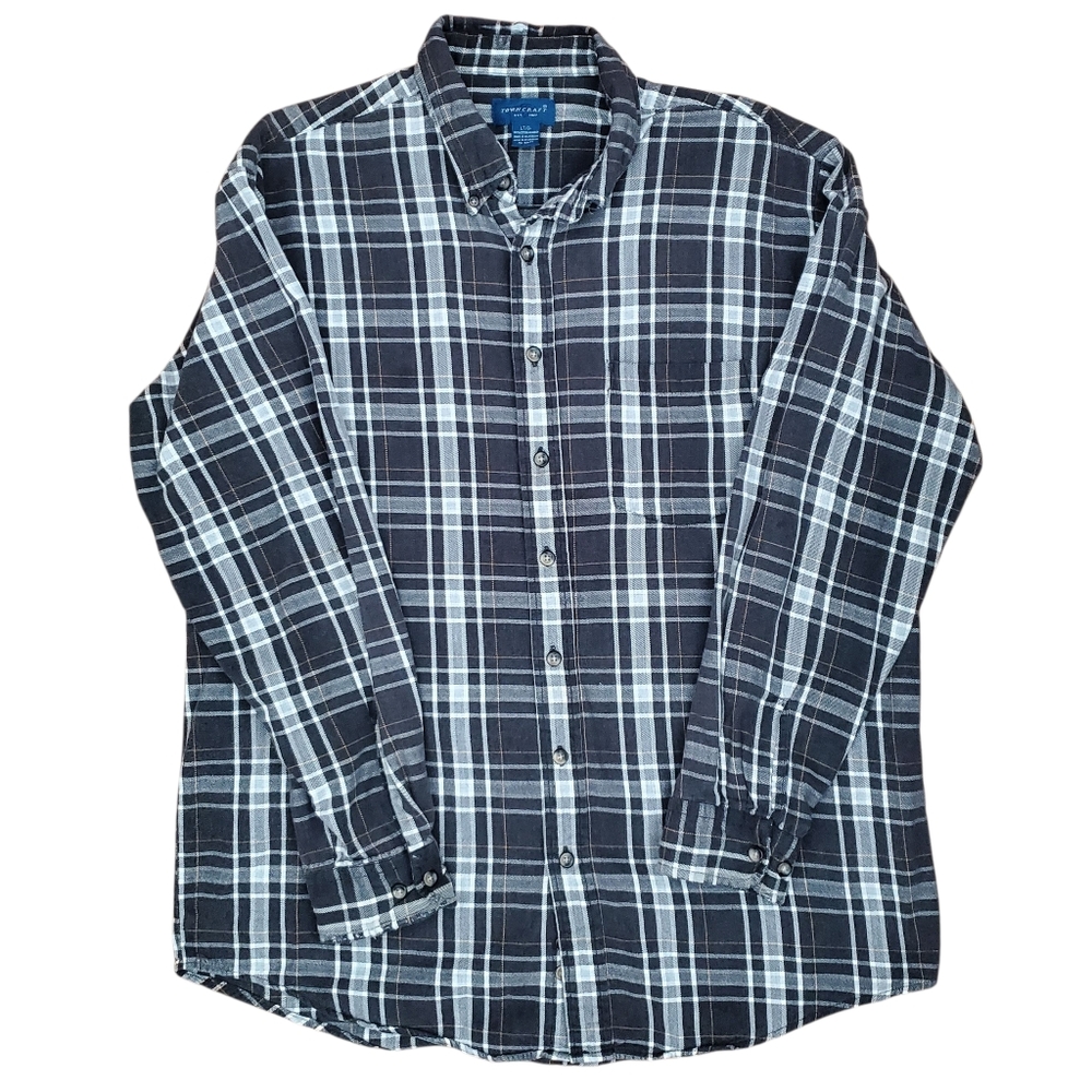 Penneys Towncraft Mens Vintage Flannel Shirt Button Pockets‎ Plaid Gray Black LG